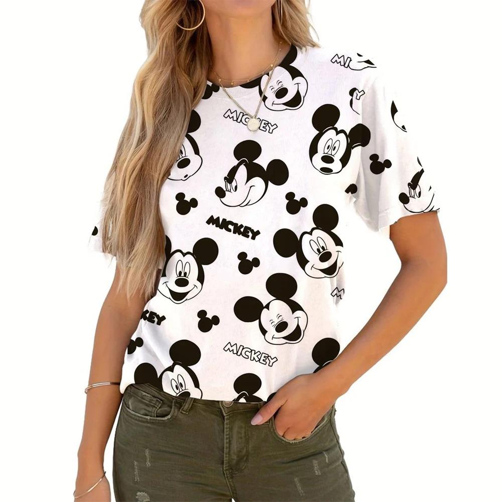 Cute Womens Mickey Mouse Printed T-shirt Summer Disney Shirt Fashion Ladies Blouses Cartoon Minnie Female Tops Kawai